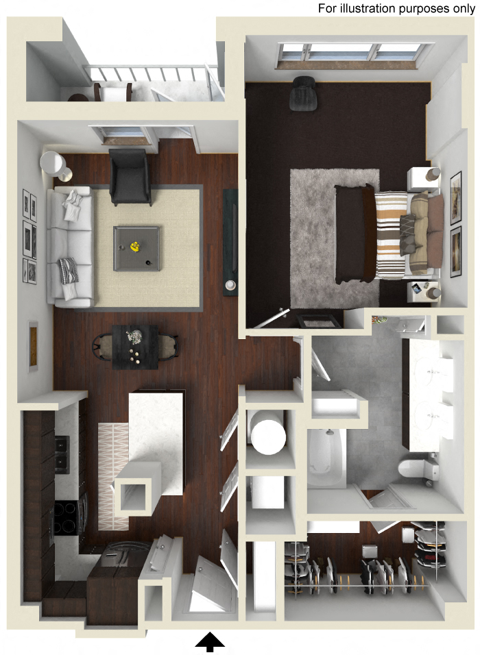 Floor plan for 1 bed, 1 bath, 867 sqft